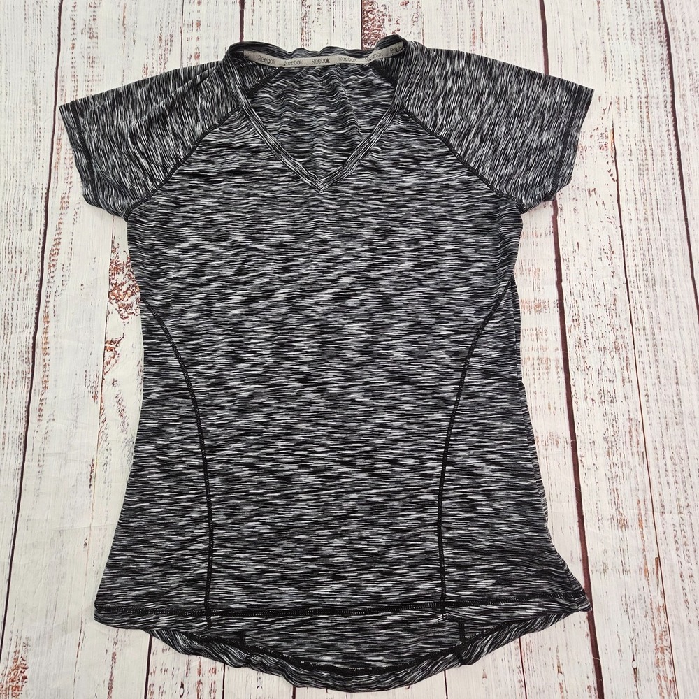 Reebok Black Heathered Short Sleeve Polyester Blend‎ V-Neck T-Shirt Women's M